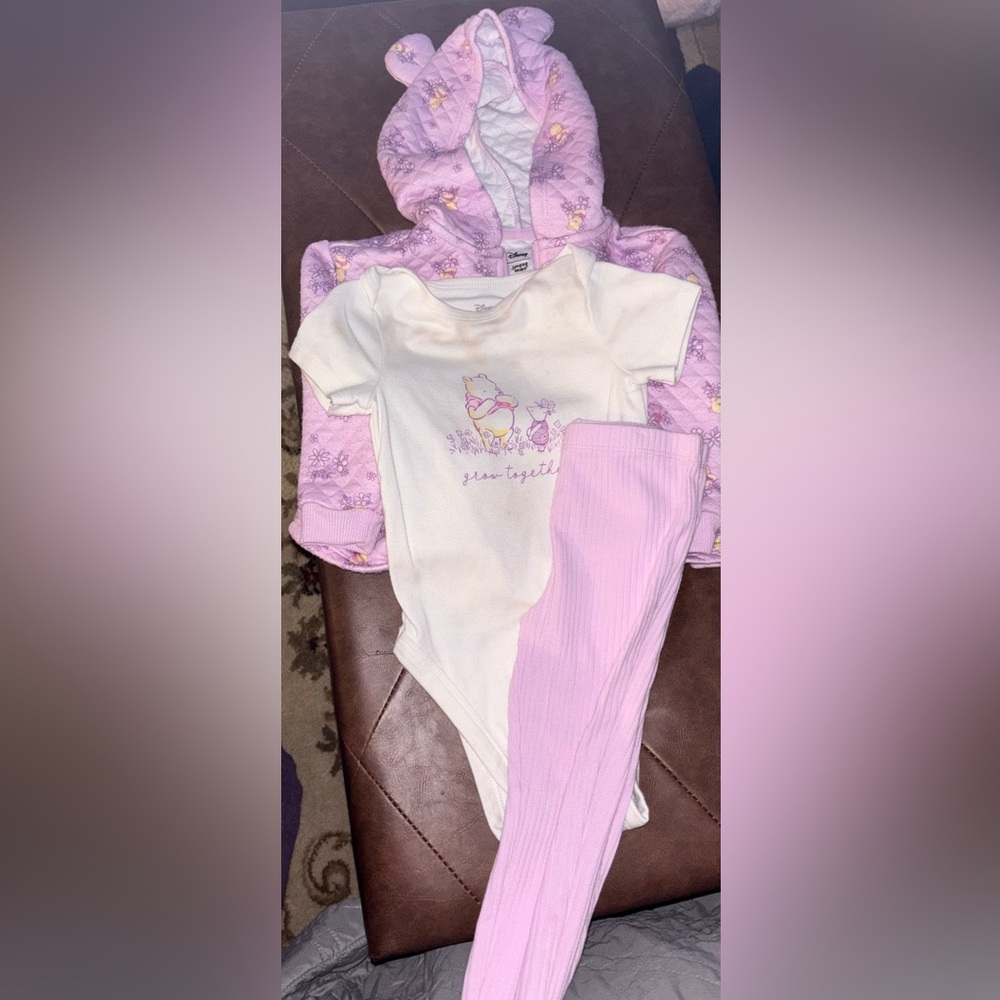 Like New White and lilac Winnie the Pooh Baby  Onesie with jacket and pants